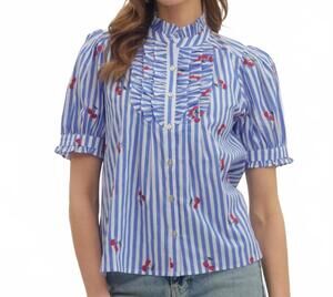 NEW ENTRO striped embroidered cherry puff sleeve button top in blue